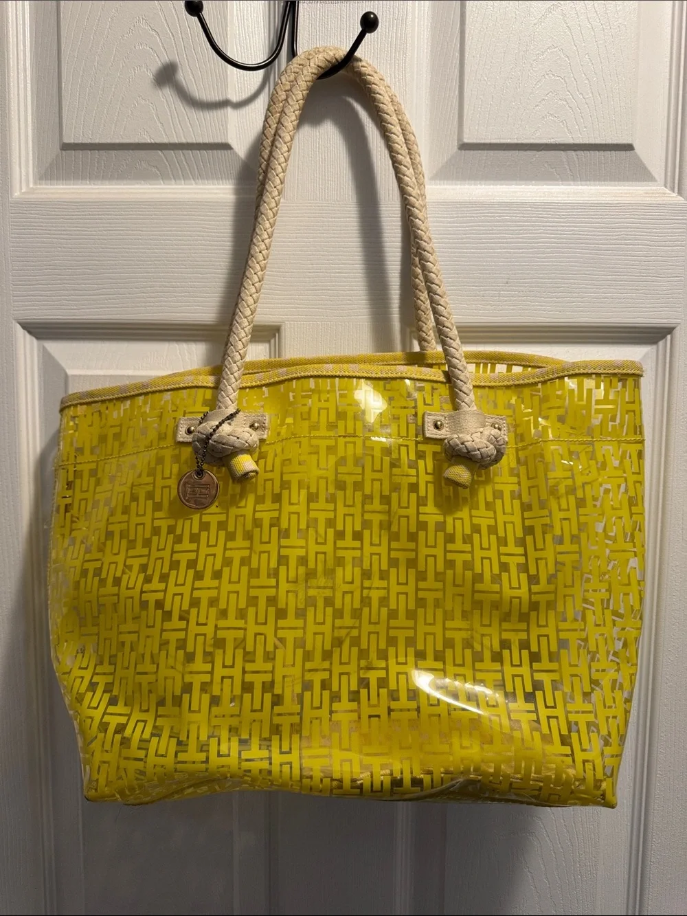 Tommy Hilfiger Yellow Patterned Clear Tote with Braided Cream Handles